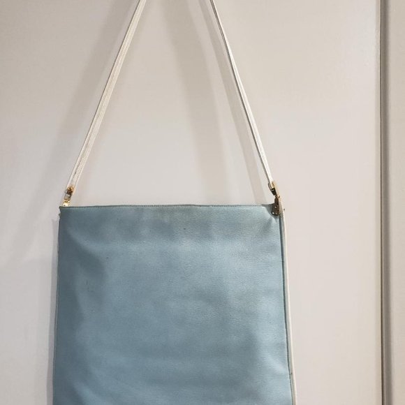 Vintage Morris Moskowitz Blue Leather Hand Bag W/ Interior Kiss Coin Purse - Picture 1 of 10